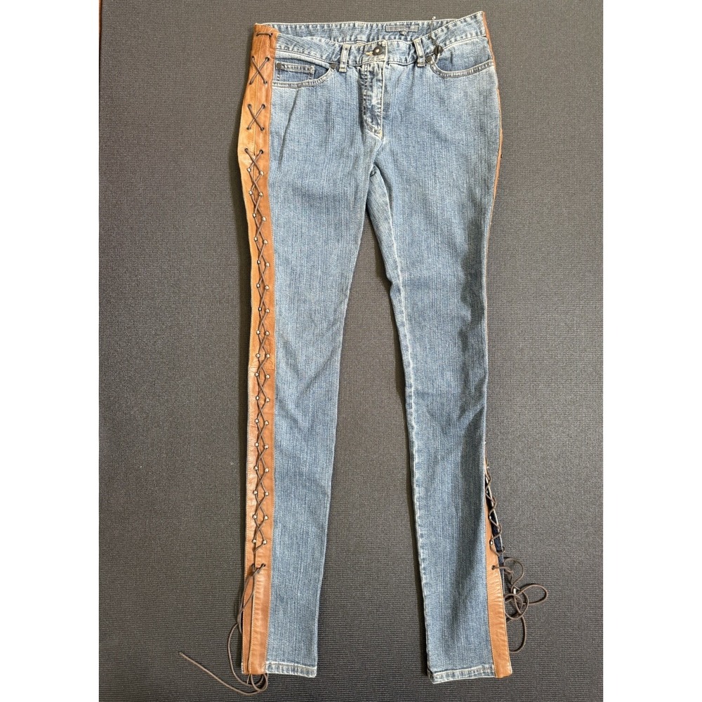 Vintage Rare Alexander McQueen Blue Denim Lace Up Leather Jeans IT42 Italy Made